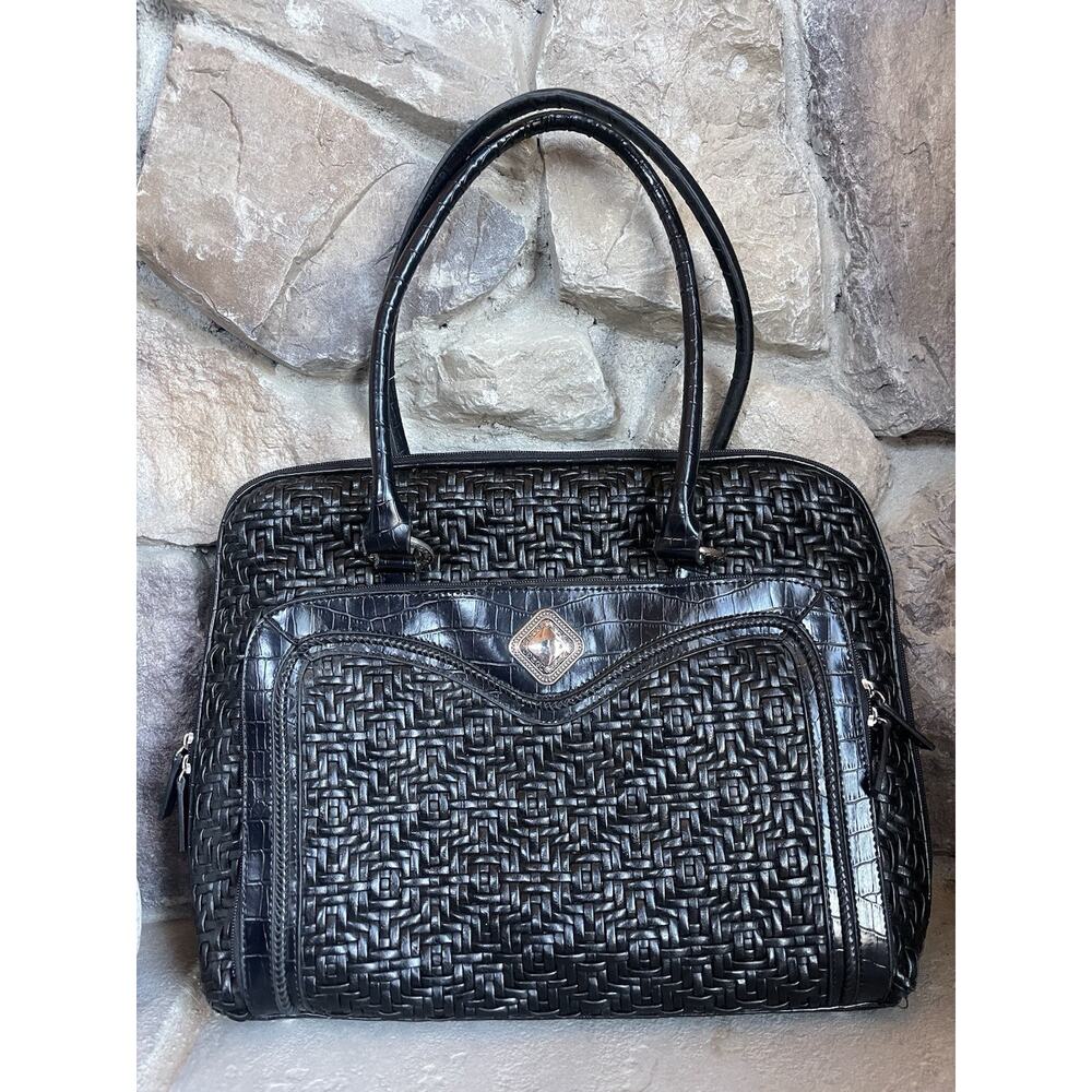 Coldwater Creek Computer Bag Black Woven Faux Croc/Leather Purse Office Tote